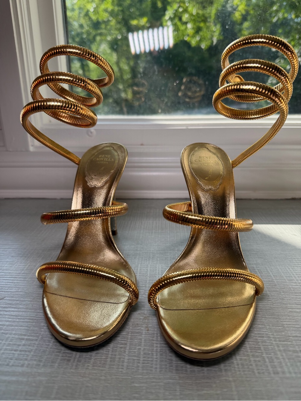 Rene Caovilla Metallic Gold Spiral Ankle-Strap Sandals - Picture 4 of 13